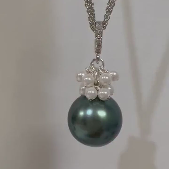 Teal Green 16mm South Sea Shell Pearl High Luster, 3mm White Freshwater Pearl Cluster, CZ Bail, 925 Sterling Silver Rhodium Finished Chain