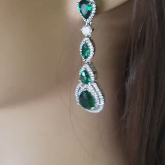 925 Sterling silver Green Emerald Long Drop CZ Diamond Pave earrings.Evening Wear,party Boho, Bridal, Fancy Earrings,925 stamped
