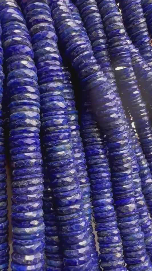 Genuine Lapis Lazuli faceted heishi roundel washer Beads Jewelry Making 7.5” Strand beads. AAA bright blue gold matrix natural lapis