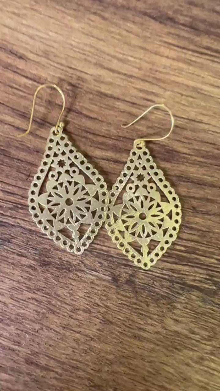 18k Gold Vermeil Bali brush gold Filigree flower 40mm long Handmade Earrings, beautiful light yellow gold color Earrings, gift