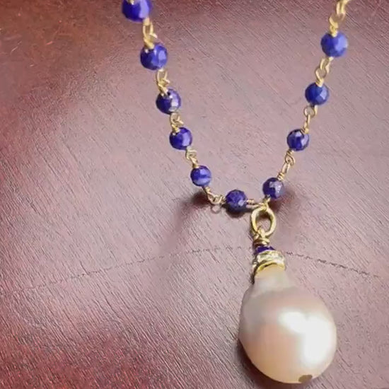 Lapis Lazuli 3mm Faceted Chain, Dangling Freshwater Baroque Pearl Pendant, Spacer 7mm Freshwater Potato Pearl Gold Elegant Necklace, gift