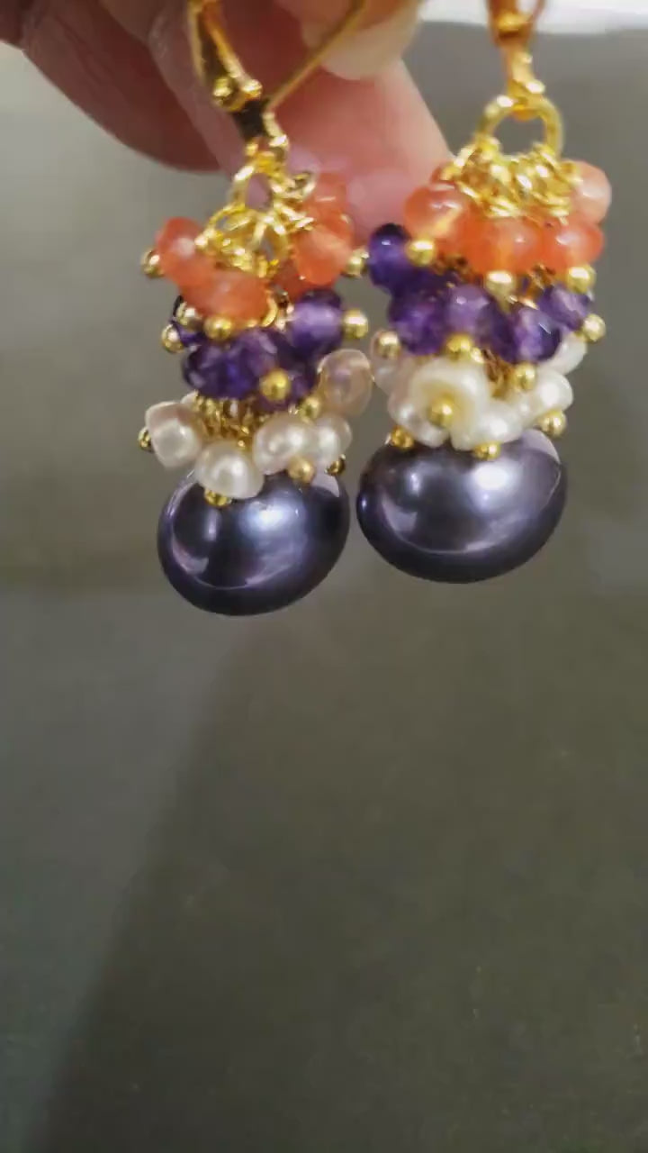 Multi Gemstones Clusters Earrings, Carnelian, Amethyst, Freshwater Pearl,  Purple South Seashell Pearl Gemstone Leverback Earrings