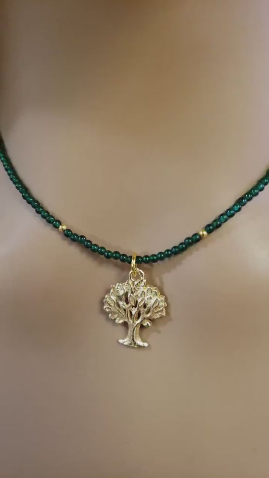 Natural green jade 2mm smooth  Round with brushed gold vermeil Tree necklace Choker Layering Elegant , Gift Tree of life