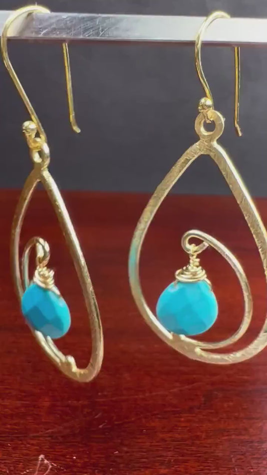 18k Gold Vermeil bali brush gold 40mm long drop hoop  with sleeping beauty blue Turquoise drop Earrings, beautiful light yellow gold gift