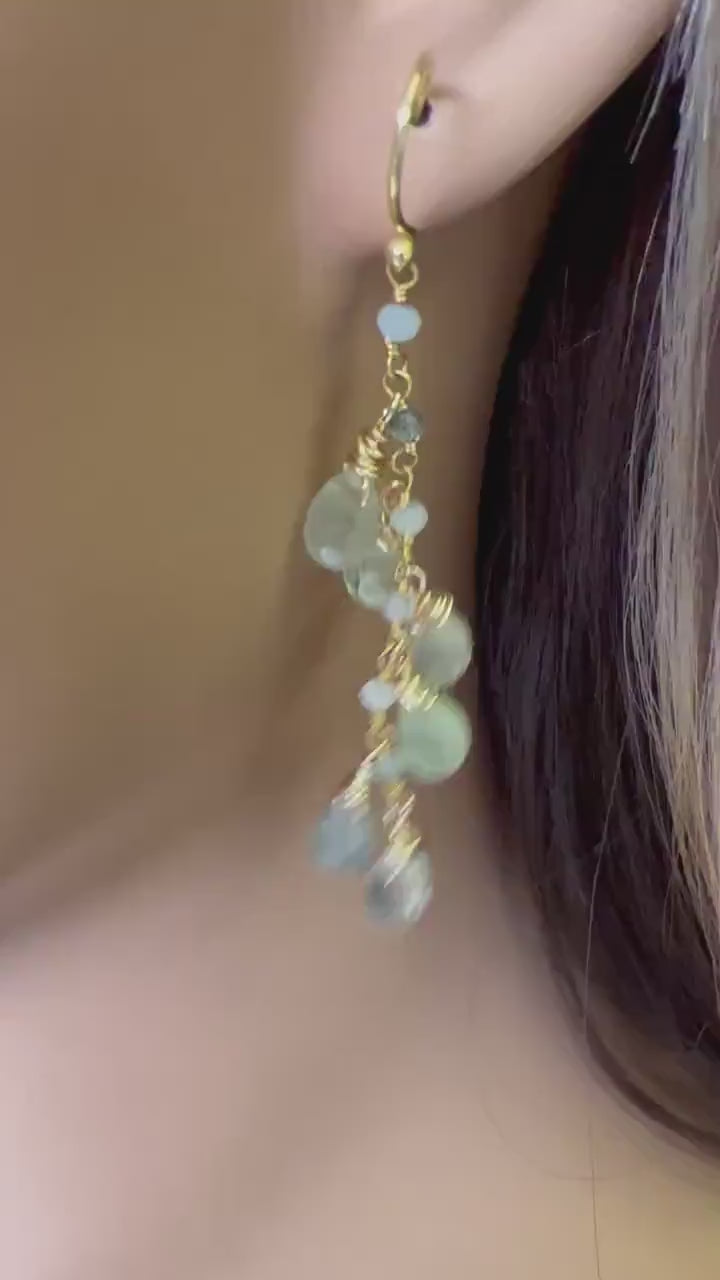 Natural Prehnite, Tourmalinated Quartz 7x11 Faceted Briolette wire wrapped gold vermeil cascade Handmade earring