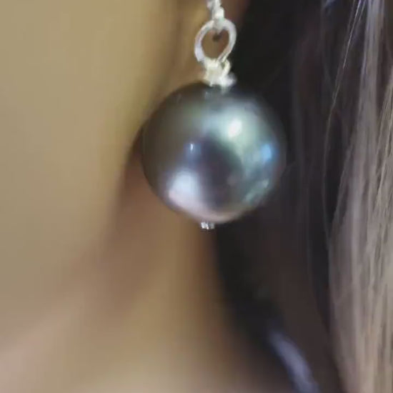 Dark Teal Green South Sea Shell Pearl 16mm high luster Leverback Earrings, Boho, Handmade Gift for Her