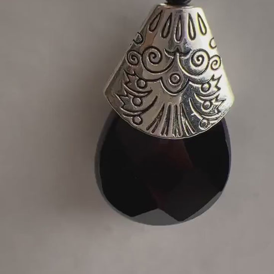 Black Spinel Diamond Cut Necklace with Oxidized Silver Teardrop, Large Bali Style Cap, Black Onyx Pear Drop Pendant Necklace