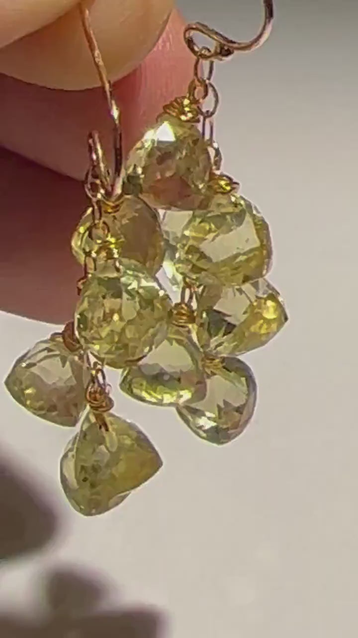 Natural Lemon Quartz Faceted Trillion Shape Briolette 7.5-8.5mm Wire Wrapped 14K Gold Filled Gemstone Dangling Earrings