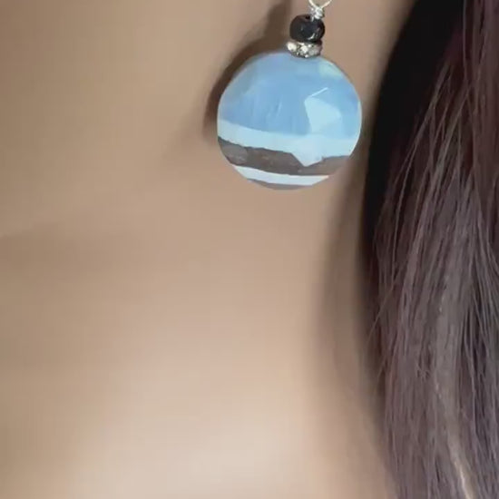 Natural Bio Opal, Peruvian Blue Oregon Boulder Opal Faceted Disk 18mm with Onyx, Crystal Spacers Sterling Silver Hook Earwire or Leverback