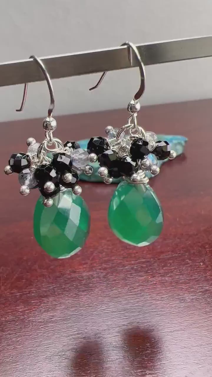 Genuine Green Onyx large drop mystic 12x16mm cluster with labradorite & black spinel wire wrapped 925 sterling silver earrings