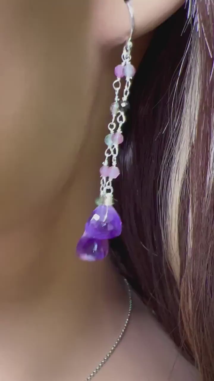 Natural Amethyst Trillion 8mm faceted dangling with Watermelon Tourmaline 925 sterling silver Earrings Handmade Gift