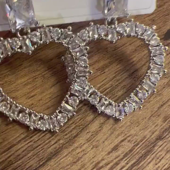 Cubic zirconia CZ diamond  heart shape dangling Clear CZ princess cut Fancy Post  Earrings, Valentine Evening Wear,Bridal,Holiday Gift.