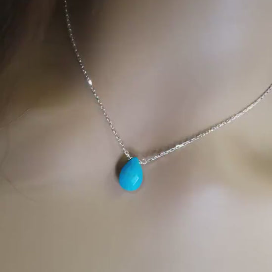 Genuine Arizona Blue Turquoise Faceted drop 8x12mm,925 Sterling Silver chain  Necklace and threader Earring set , Minimalist precious gift