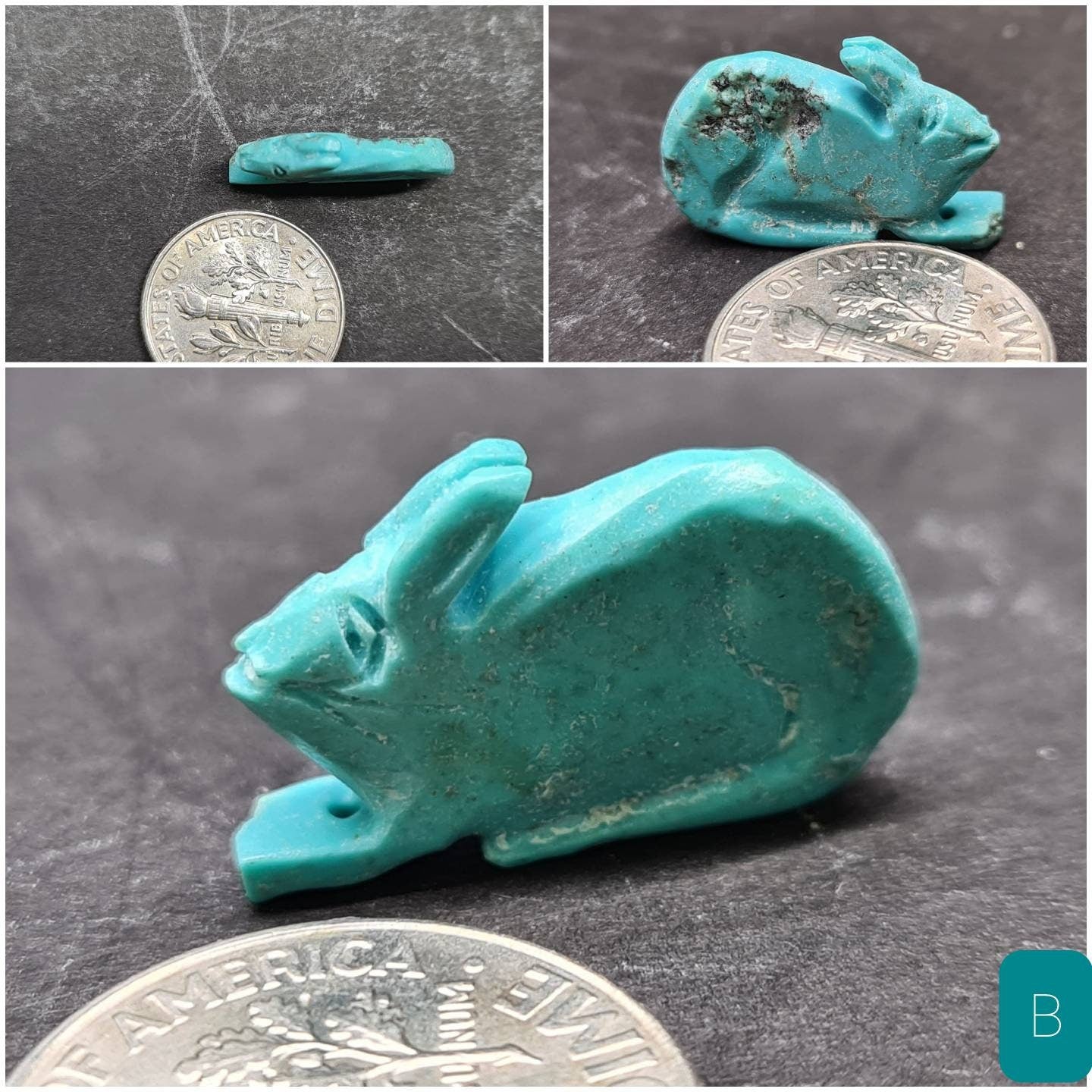 Natural Turquoise Hand Crafted Rabbit Totem, Miniature Animals Collectible Figurines Vintage Sculpture, Old Stock - Single/Lot