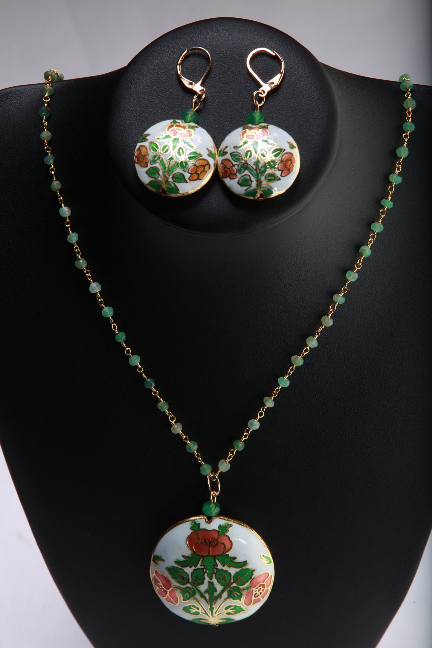 Traditional Cloisonné Pendant Vintage Floral Flowers Pink Focal with Natural Chrysoprase Beaded Chain Necklace 20" and matching Earrings set