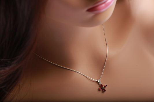 Genuine Garnet Sterling Silver Flower Cluster Charm with .925 Italian Sterling Silver Snake Chain, Choice of 16" or 18"