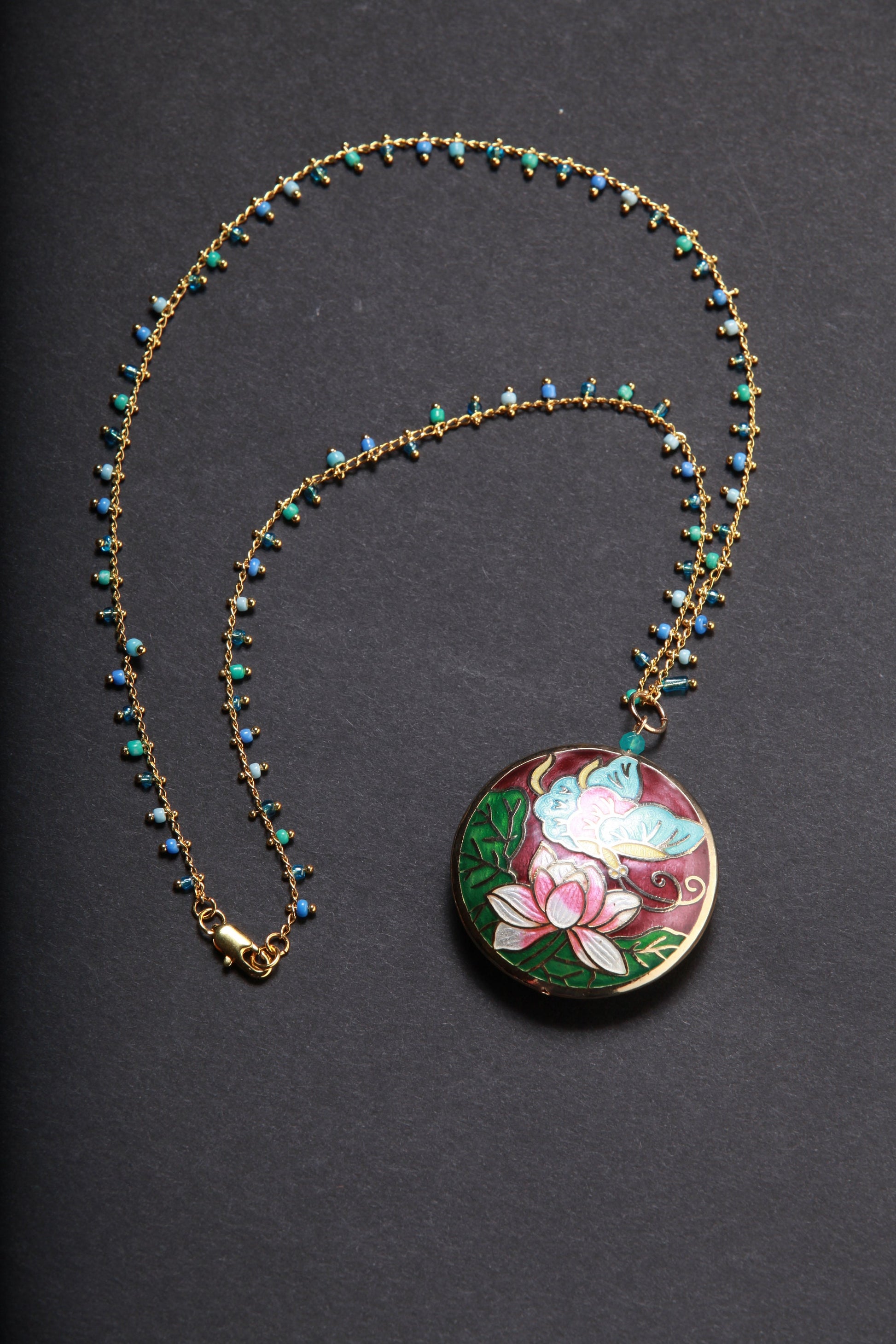 Traditional Cloisonné Pendant Double Sided Vintage Floral Flowers Pink Focal with Beaded Chain Necklace 20"