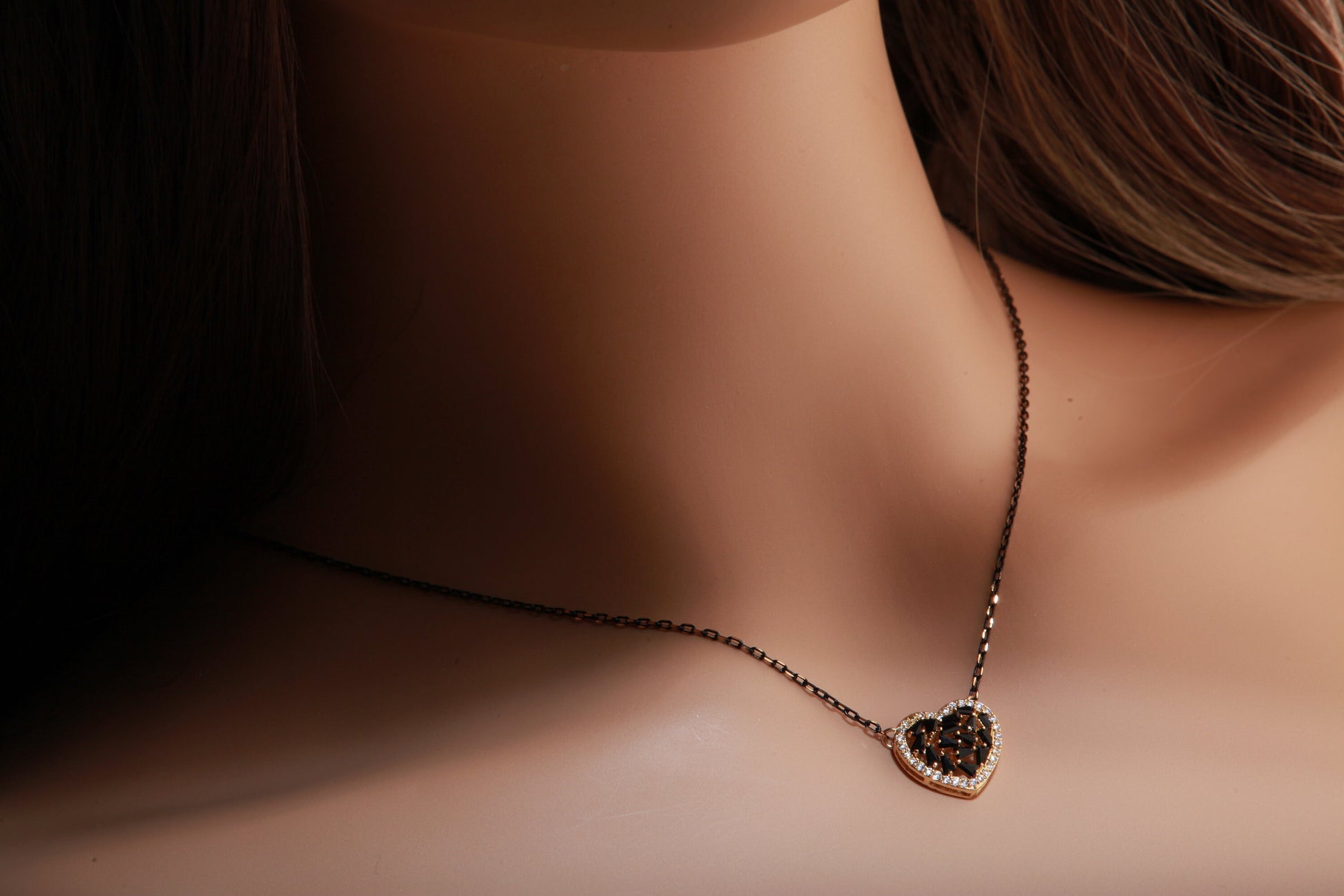 Black Spinel with Cubic Zirconia Micro Pave Heart Charm Pendant with Gold Oxidized Two Tone Necklace Available in 16",18" and 20"