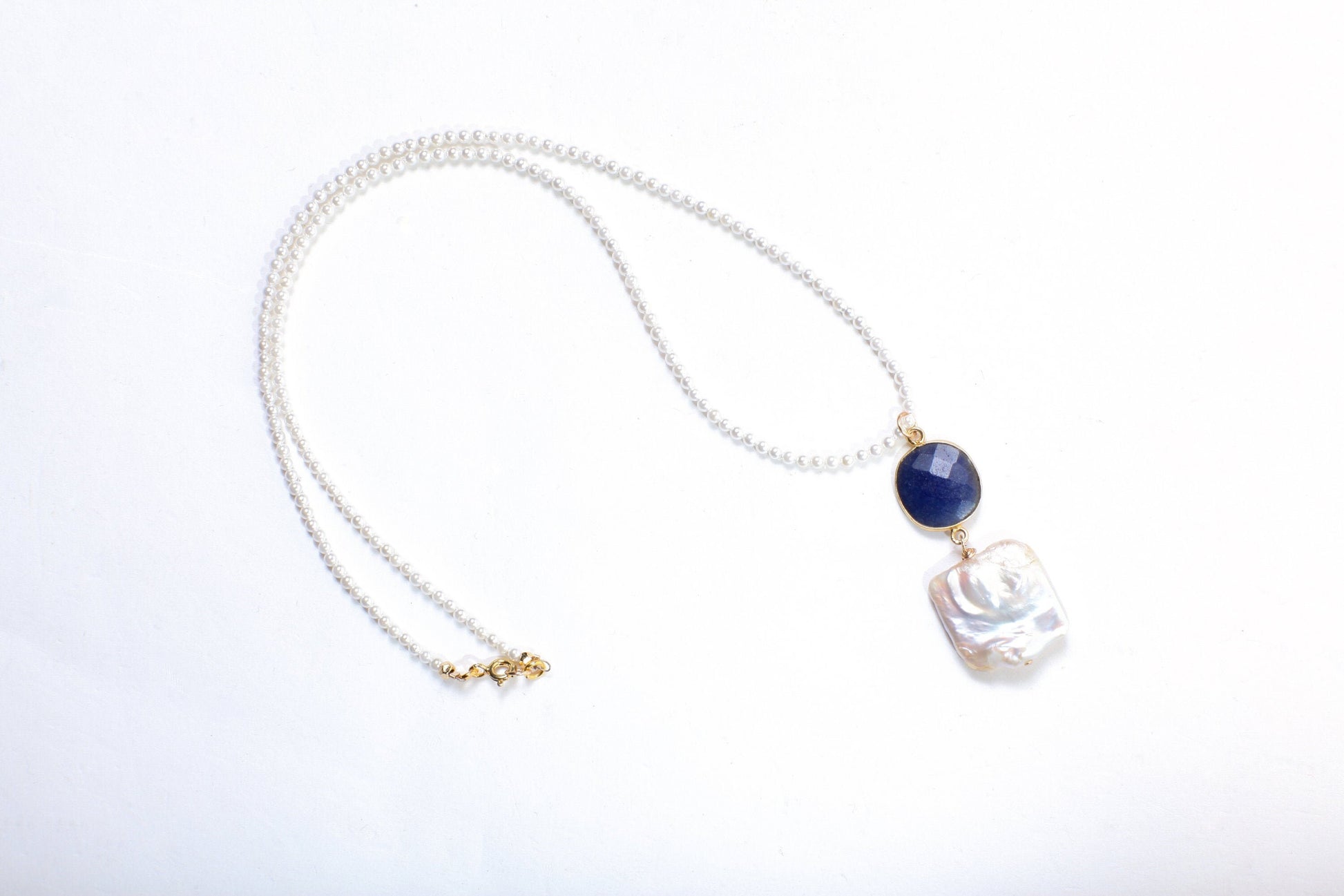 Baroque Pearl Necklace, Freshwater Square Baroque Pearl, Blue Sapphire Gold Bezel Pendant Pearl Gemstone Bridal, Bridesmaid 18" Necklace