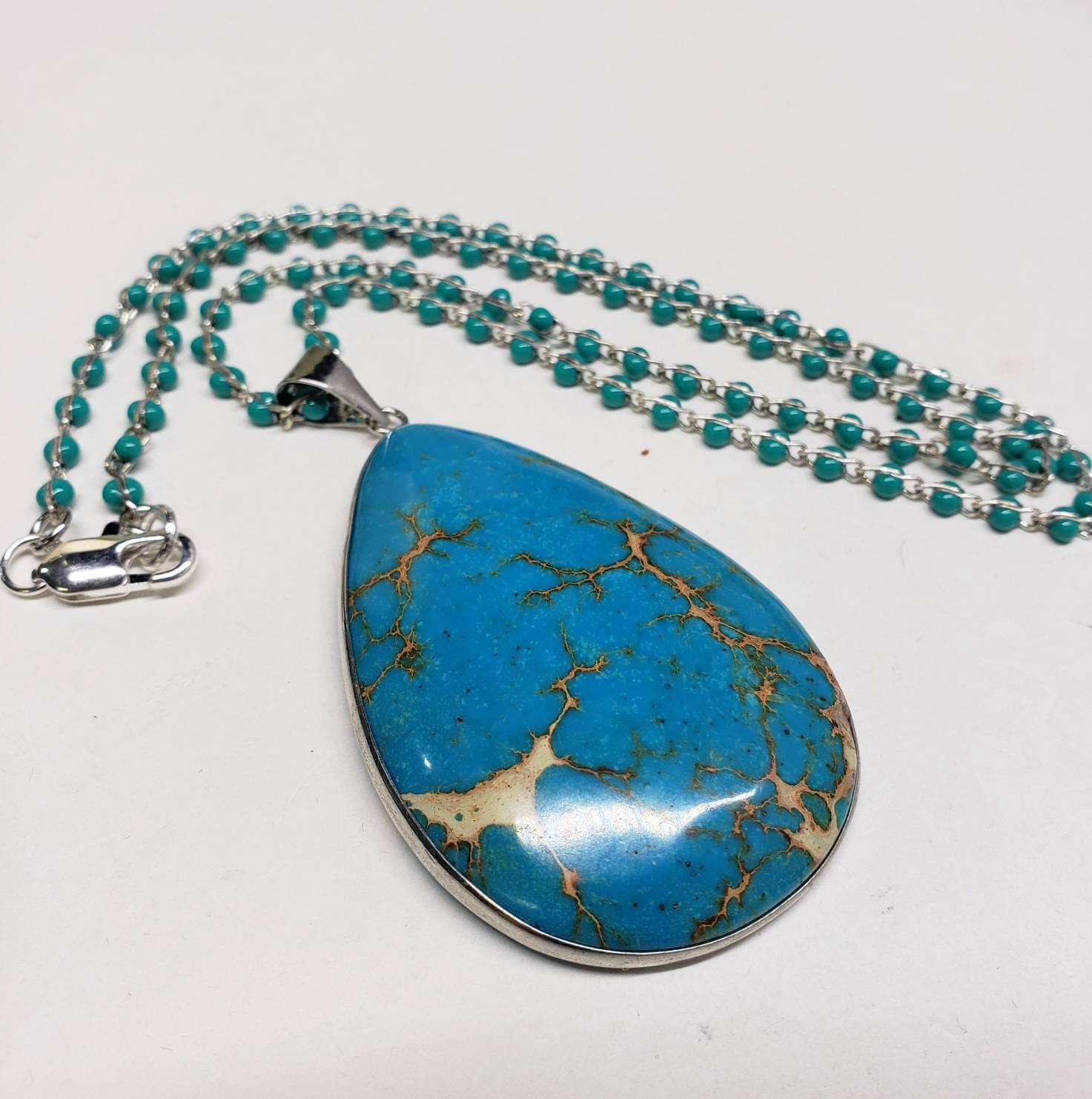 Blue turquoise brown matrix large pendant with turquoise beaded chain 22" rhodium silver necklace , gift for man & woman