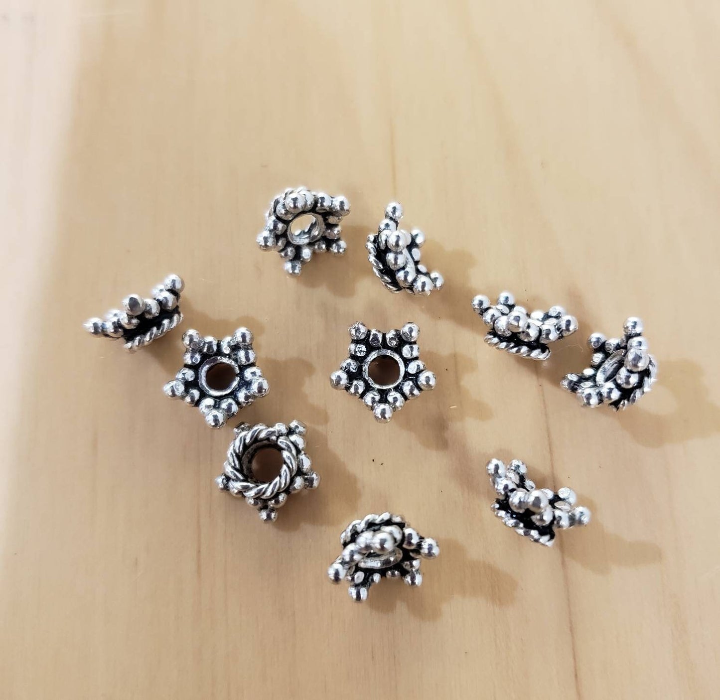 10 pcs Sterling silver bali bead cap 5.5mm 5 point crown cap , heavy weight, Vintage Handmade  for jewelry making earring supplies.