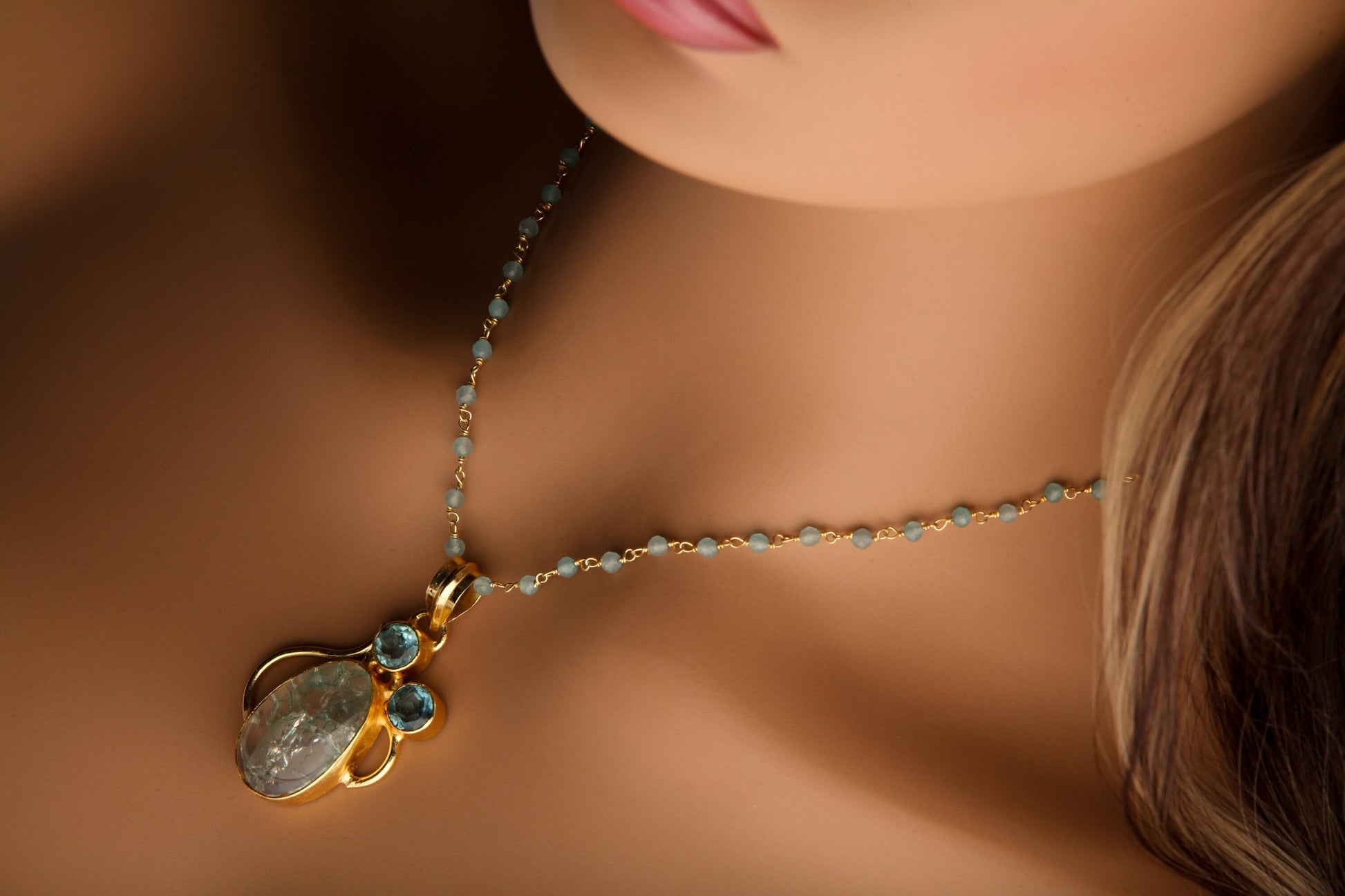 Aquamarine Rosary Beaded Chain with Rutilated Quartz Oval and 2 pieces blue topaz round Gold Bezel Pendant  20" Necklace