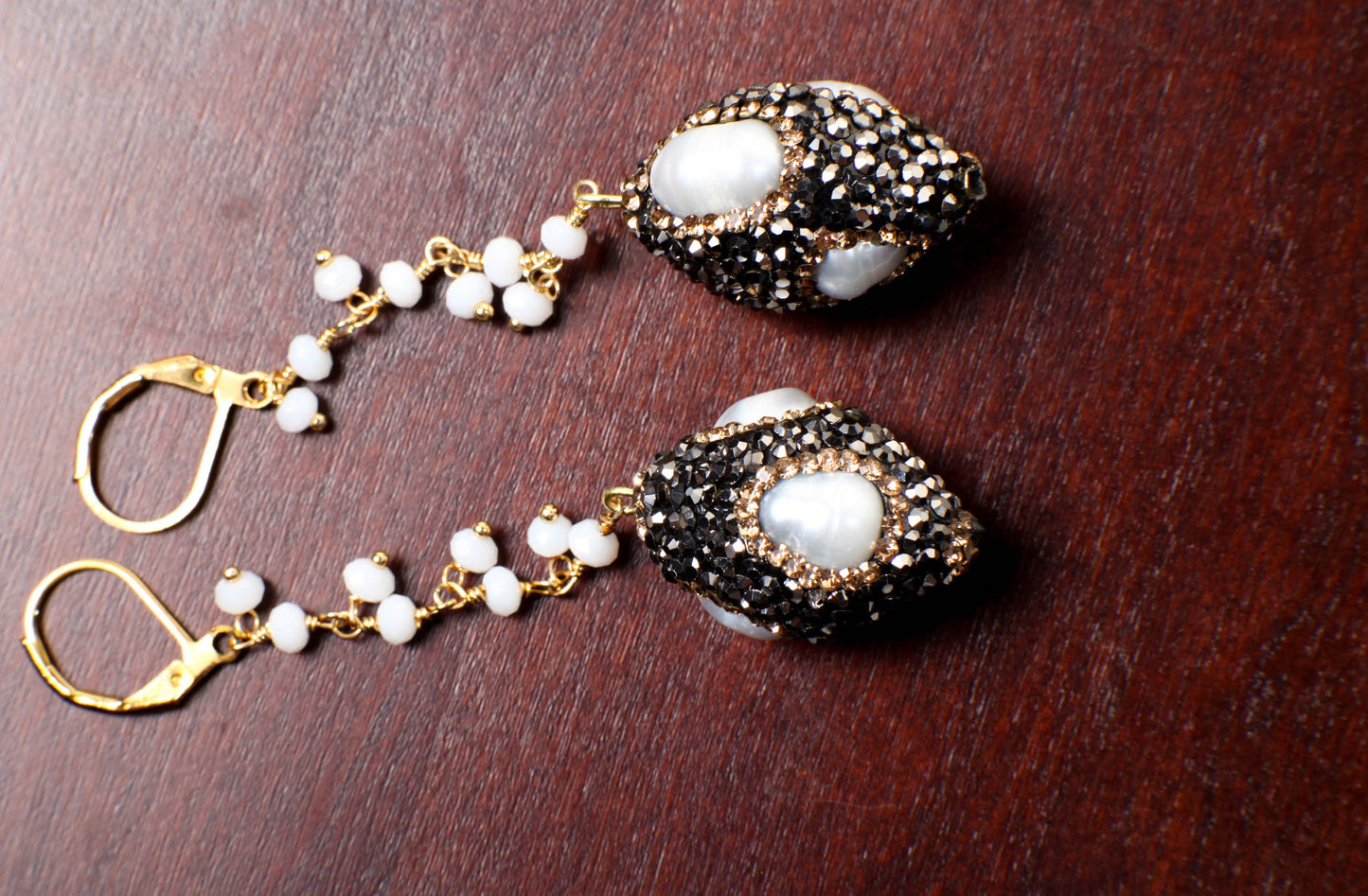 Genuine Freshwater Baroque Pearl, Rhinestone Crystal Inlaid Pave with Dangling Wire Wrapped Crystal Beaded Leverback Earrings Gift For Her