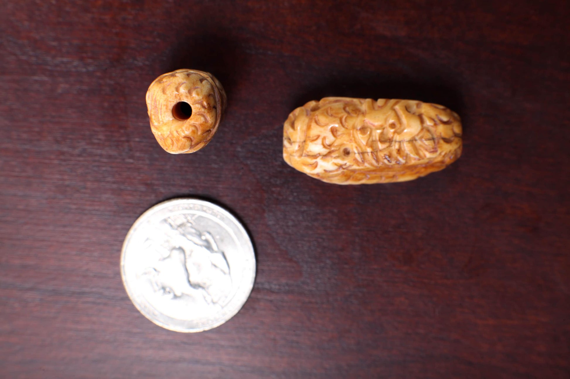 Carved Buffalo Bone Puffed Oval 14x20mm Dragon, Hand Crafted Big Hole Bead, Figurine 3mm Drilled Bead, Art Deco