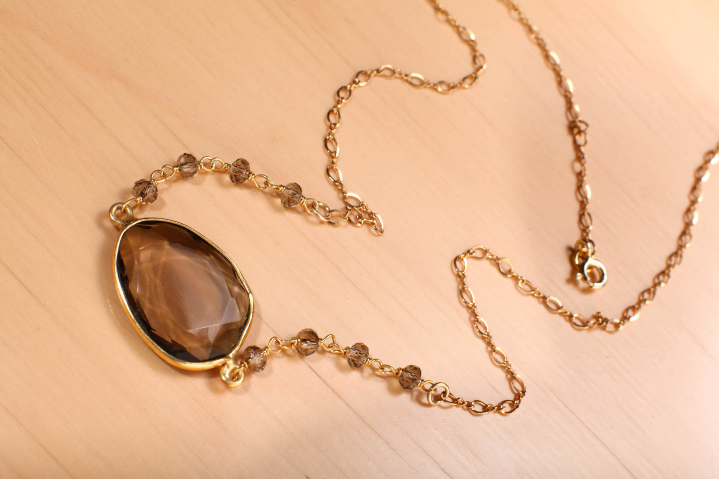 Genuine Smokey Quartz Gold Bezel with Smokey Quartz Wire Wrapped Gemstone Beaded Chain Finished in 14K Gold Filled Long and Short Oval Chain