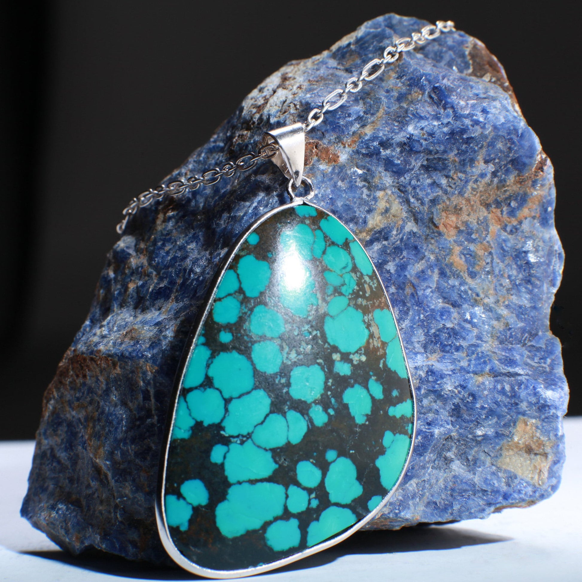 Genuine AAA Tibetan Spiderweb Turquoise Cab Gemstone 925 Sterling Silver Bezel Pendant Vintage Jewelry, Option:925 Silver Chain,38x58mm 18g