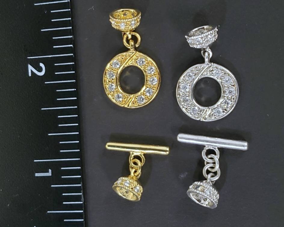 925 Sterling Silver rhodium and 18k gold vermeil with cubic zirconia CZ toggle clasp, 14mm round ,16mm bar, 6mm cup, fancy jewelry making