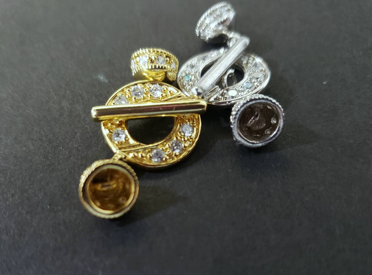 925 Sterling Silver rhodium and 18k gold vermeil with cubic zirconia CZ toggle clasp, 14mm round ,16mm bar, 6mm cup, fancy jewelry making