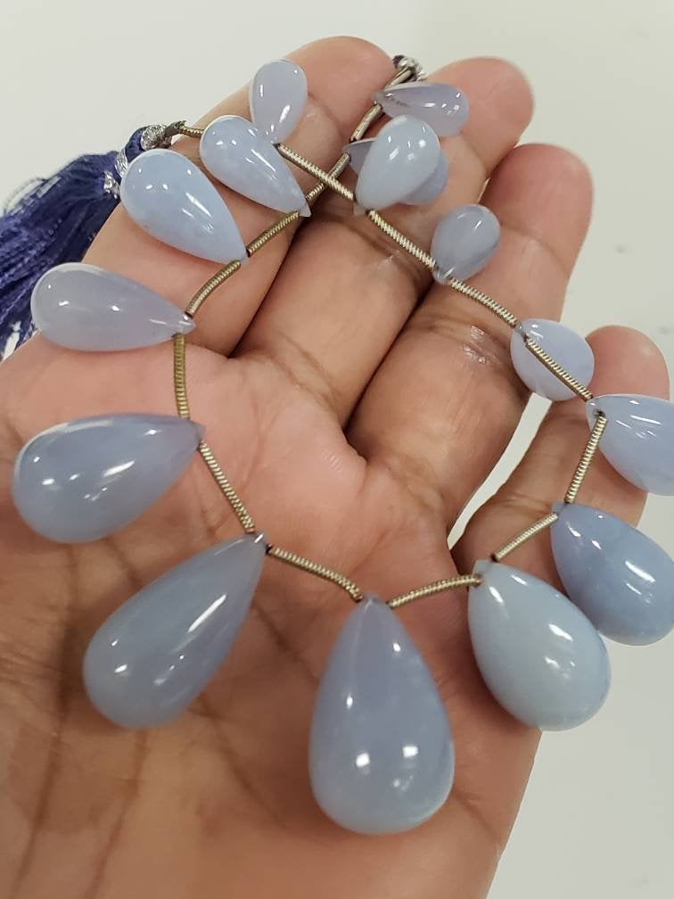 Natural Sky Blue Chalcedony Smooth Teardrop Briolette for Jewelry Making Necklace Bracelet Gemstone 7x13mm to 11x18mm Graduated 15pcs strand