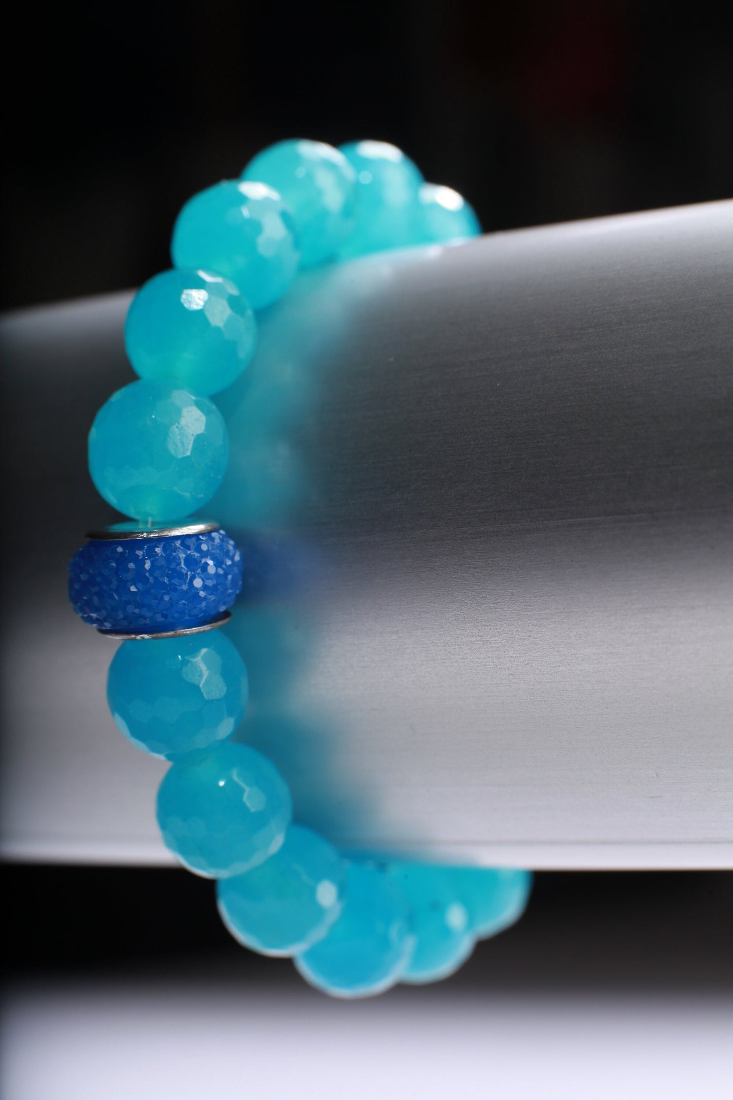 Aqua Quartz faceted with matching 1 piece large  Rhinestone roundel Natural Gemstone, Crystal Stretchy Bracelet 6.5"