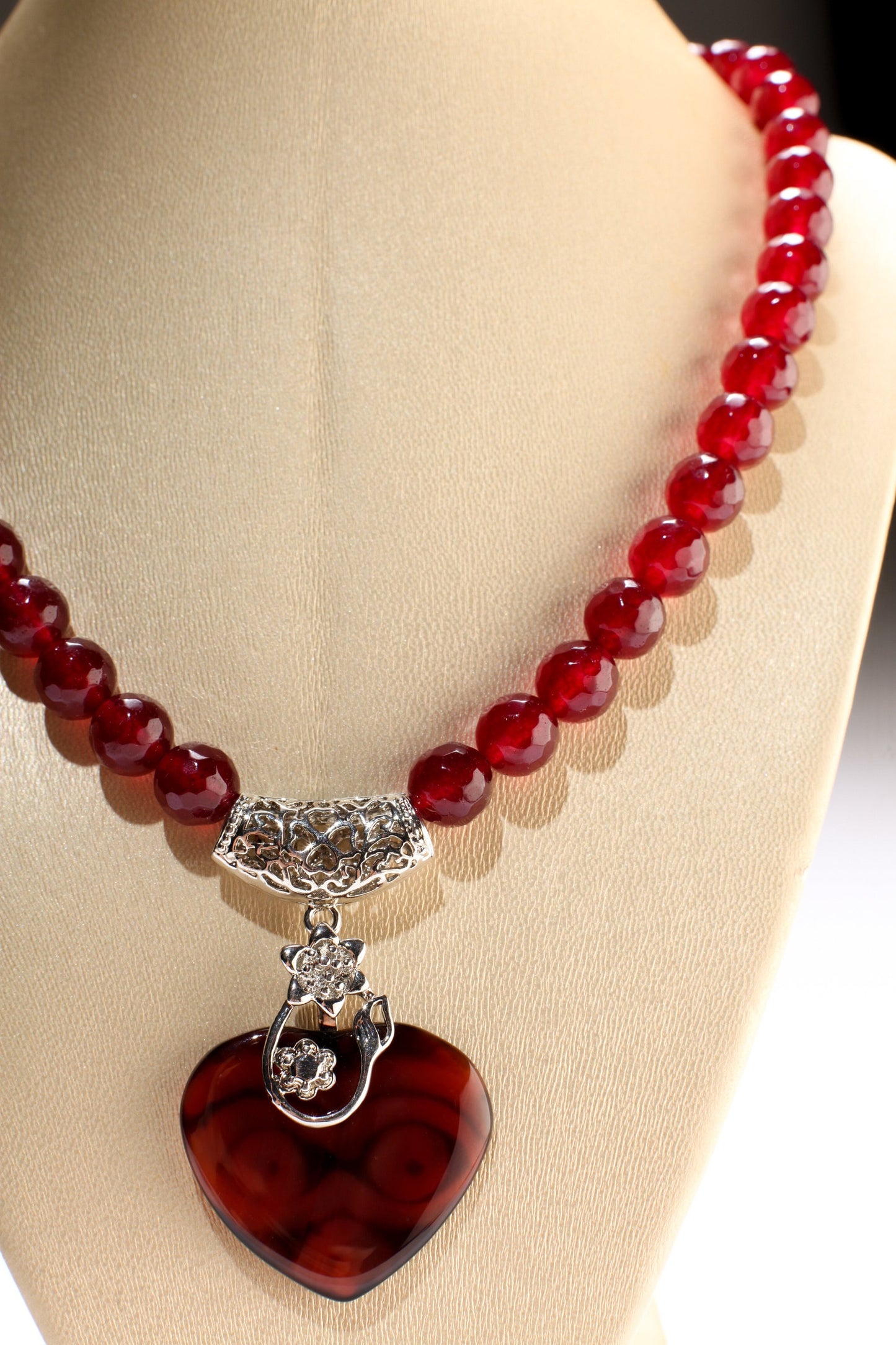 Rasberry Quartz Faceted Round Beads with Heart Shape Evil Eye DZI Agate, Rhodium Silver Filigree Fancy Bail 18.5" Necklace with 3" Extension
