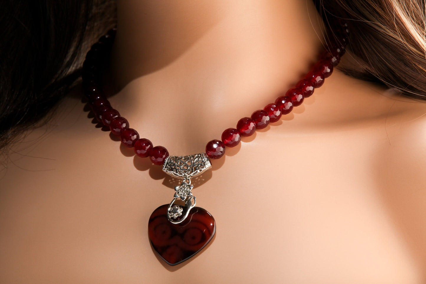 Rasberry Quartz Faceted Round Beads with Heart Shape Evil Eye DZI Agate, Rhodium Silver Filigree Fancy Bail 18.5" Necklace with 3" Extension
