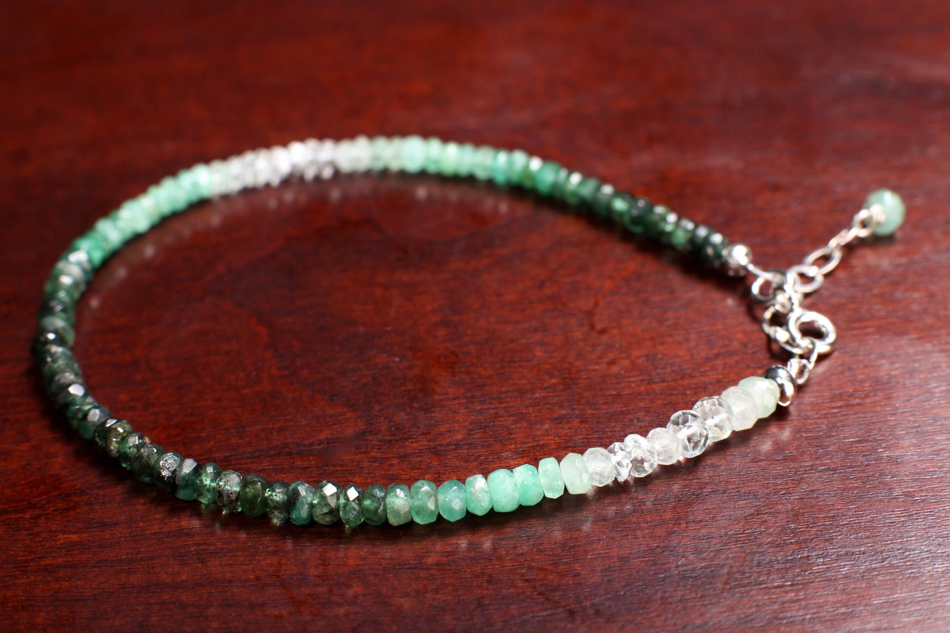 Ombre Emerald Faceted Rondelle 3-4mm Bracelet in 925 Sterling Silver Clasp and 1" Extension Chain,AAA Quality Natural Precious gift for her.