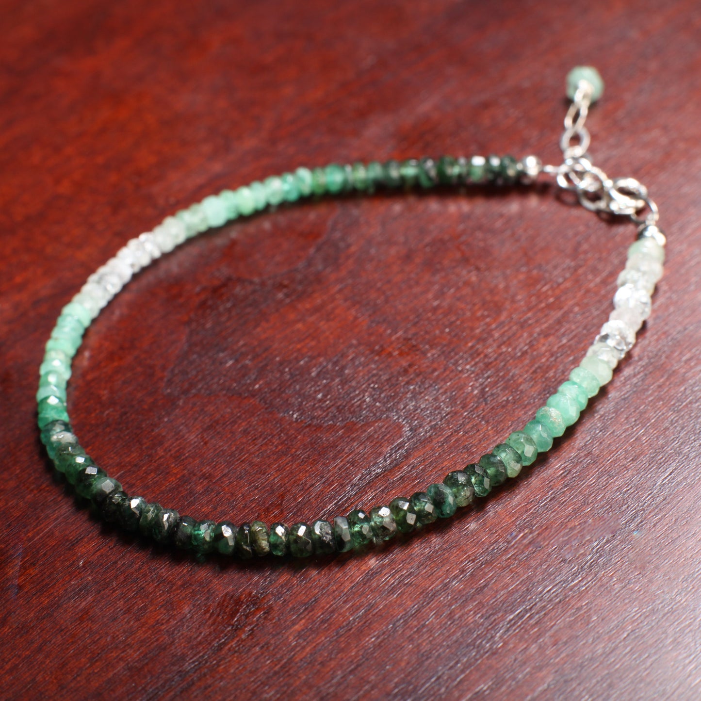 Ombre Emerald Faceted Rondelle 3-4mm Bracelet in 925 Sterling Silver Clasp and 1" Extension Chain,AAA Quality Natural Precious gift for her.