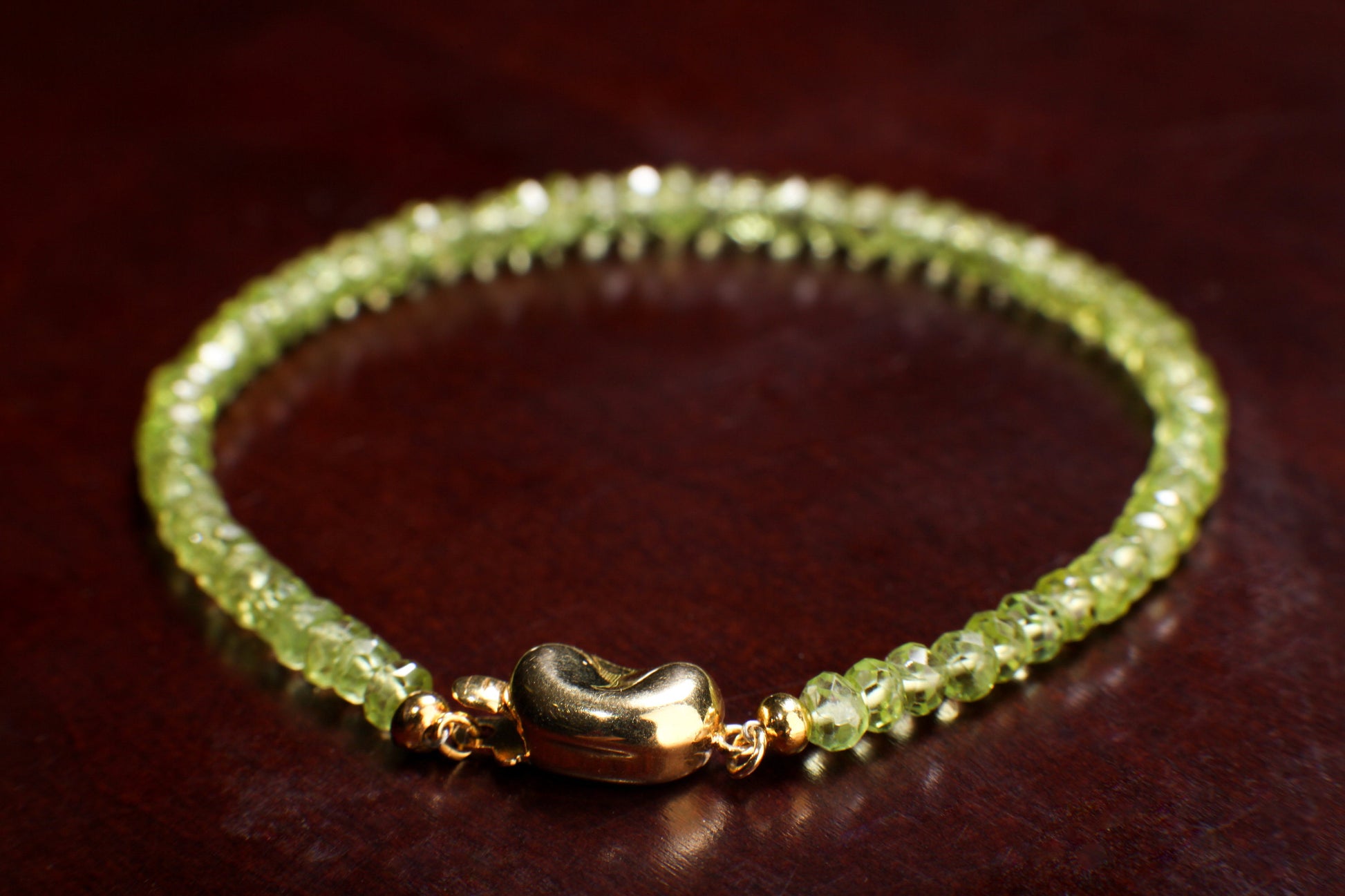 Peridot Faceted 4mm Rondelle with 18K Gold Vermeil or 925 Sterling Silver Bean Shape Clasp  Bracelet Gift for her