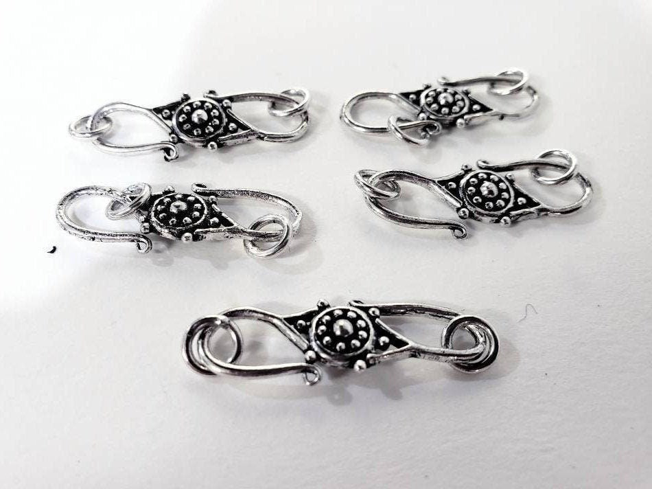925 Sterling Silver Bali S hook clasp with ring 29mm long vintage handmade jewelry making clasp. 1 piece