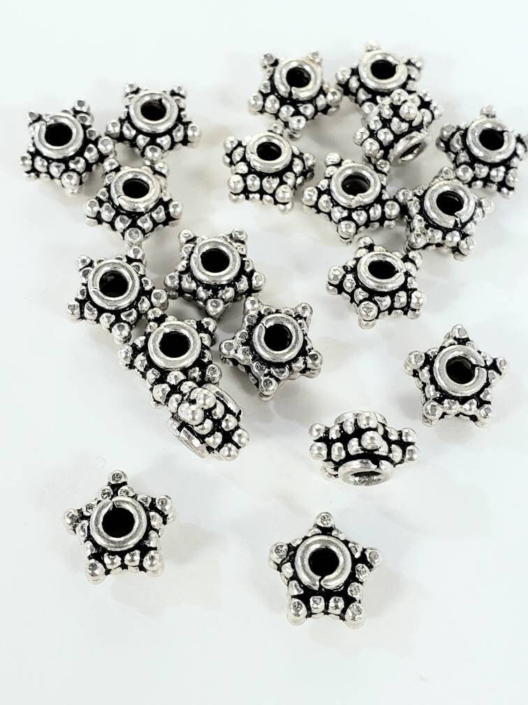 10 Pcs 925 Sterling Silver Bali double Star shape 4x7mm spacer bead. Vintage handmade heavy weight bali bead for jewelry making supplies.