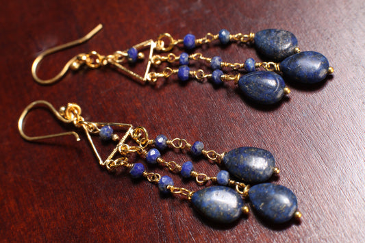 Lapis Lazuli Earrings, Natural Lapis 7x10 Oval Wire Wrapped Dangling drop with Faceted Lapis Rondel chain,Gold Chandelier, vermeil Ear Wire,