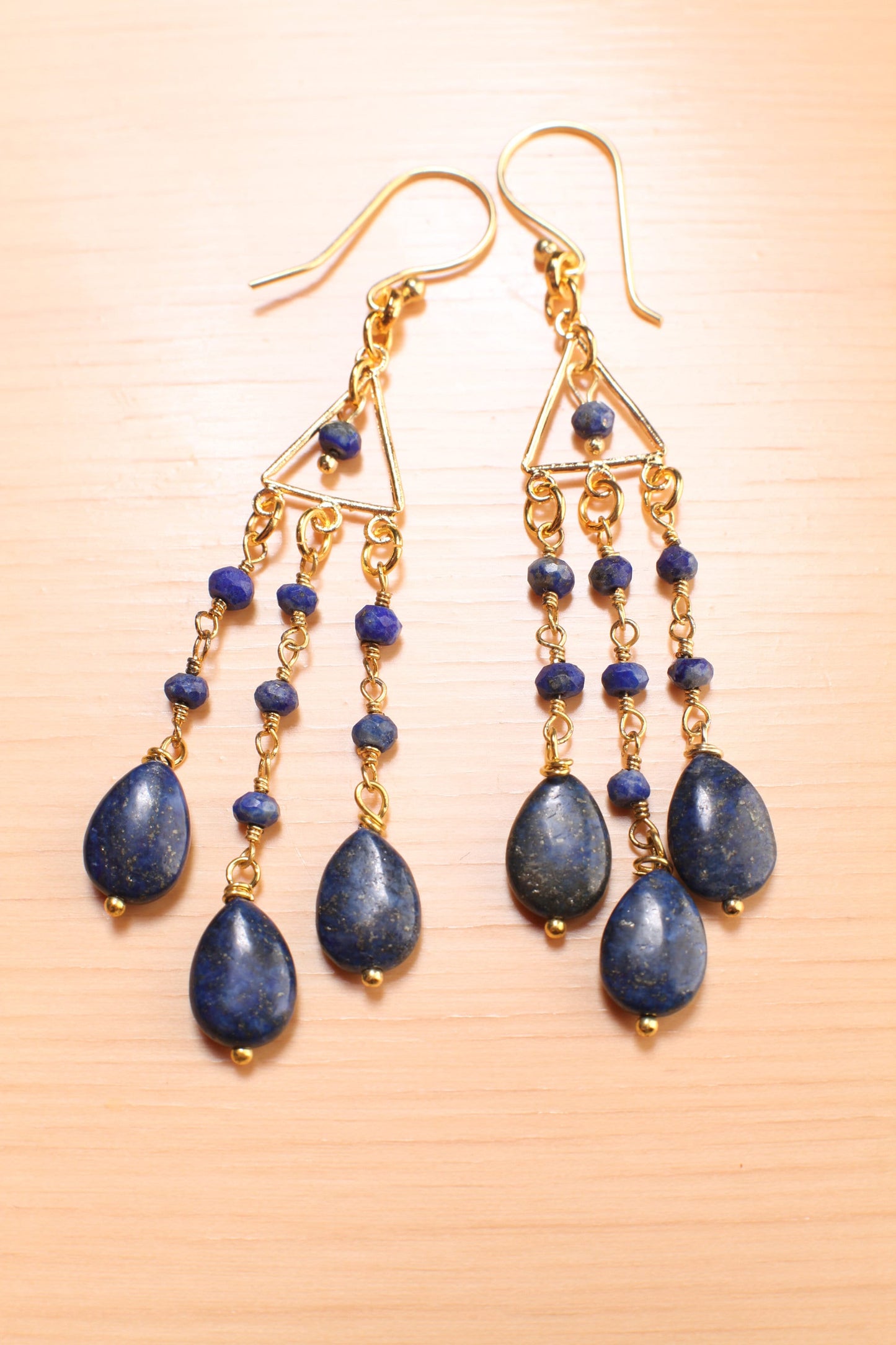 Lapis Lazuli Earrings, Natural Lapis 7x10 Oval Wire Wrapped Dangling drop with Faceted Lapis Rondel chain,Gold Chandelier, vermeil Ear Wire,