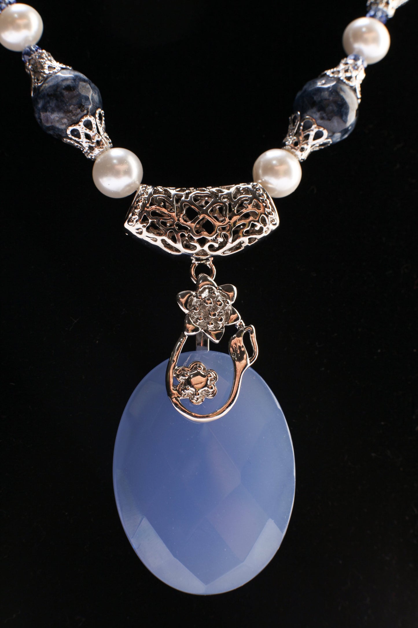 Periwinkle Blue Chalcedony 29x39mm Oval Pendant with Fancy Rhodium Bail, South Sea Shell Pearl Bali Style Necklace 8mm Round 22" Necklace