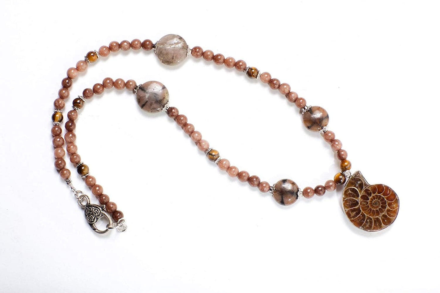 Ammonite Fossil Bezel Pendant Necklace Chiastolite Bead Spacers, Tiger Eye, Brown Jasper Round Bali Style Toggle Clasp 20" vintage Necklace