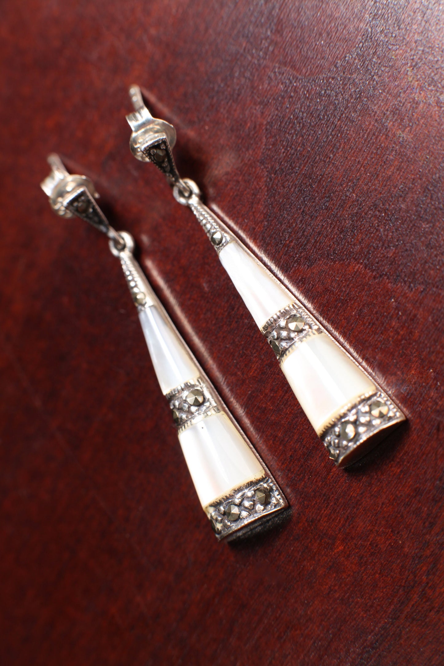 Marcasite 925 Sterling Silver Earrings Post with Dangle Triangular White Mother Of Pearl, Vintage, Antique Marcasite Earrings Gift for her