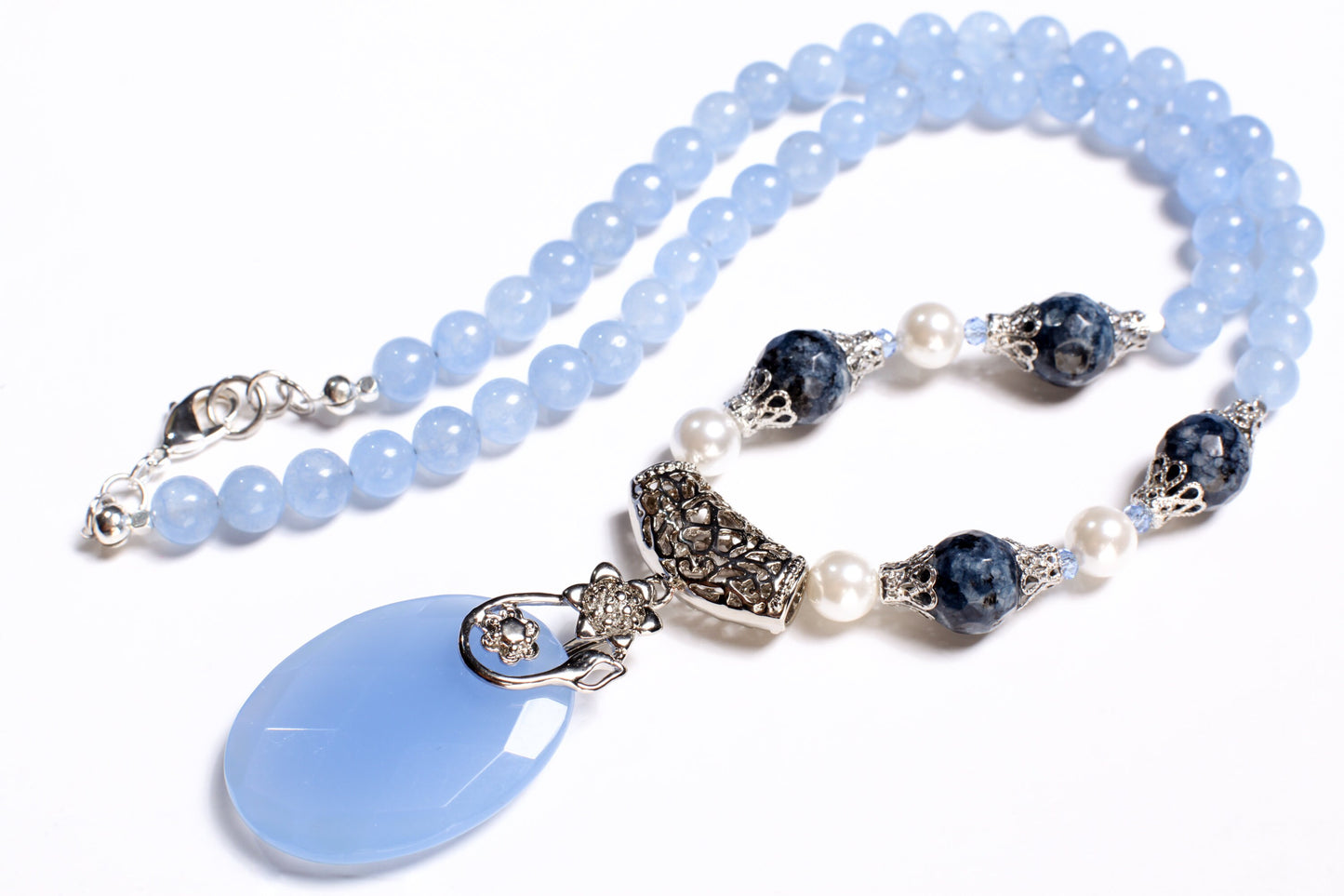 Periwinkle Blue Chalcedony 29x39mm Oval Pendant with Fancy Rhodium Bail, South Sea Shell Pearl Bali Style Necklace 8mm Round 22" Necklace