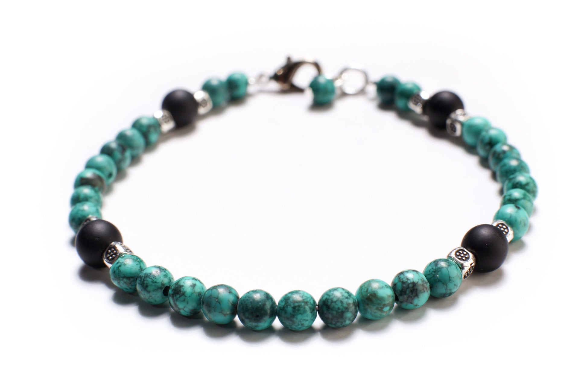 Natural Turquoise AAA Quality Spiderweb Matrix Bracelet Accented with Matte Black Onyx Beads  Available in 6", 6.5", 7", 7.5" and 8"