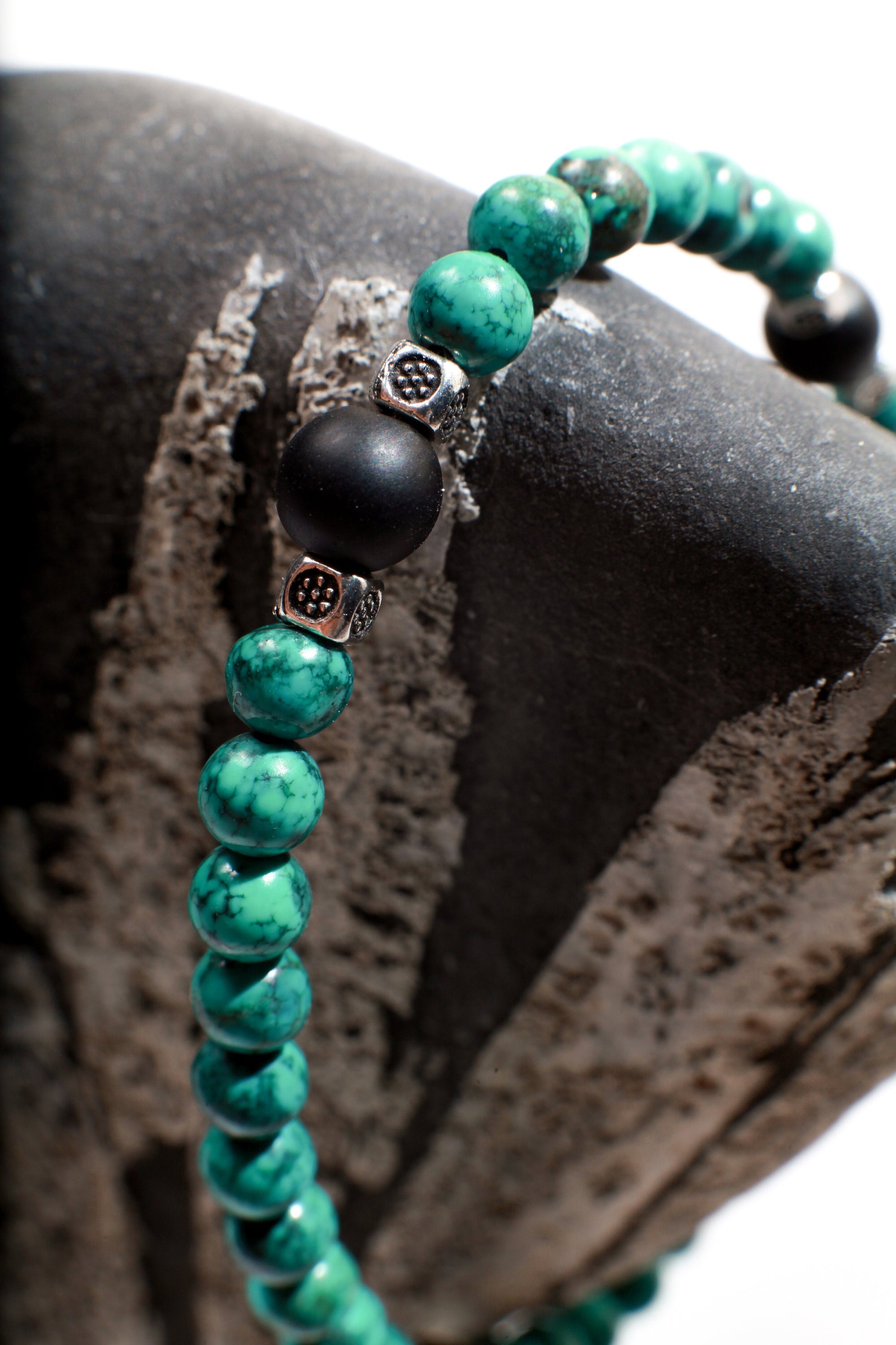 Natural Turquoise AAA Quality Spiderweb Matrix Bracelet Accented with Matte Black Onyx Beads  Available in 6", 6.5", 7", 7.5" and 8"