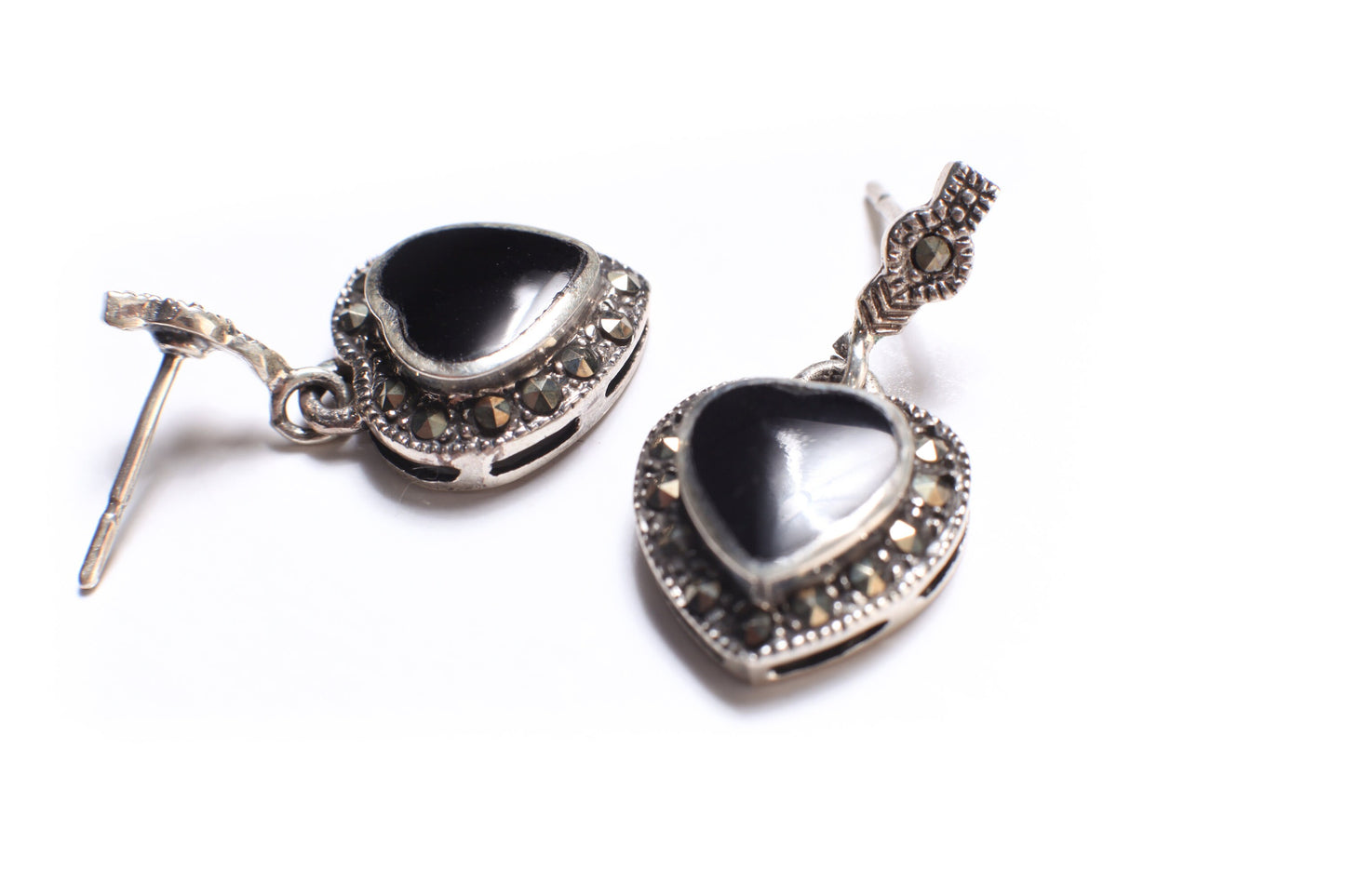 Marcasite 925 Sterling Silver Earrings Post with Dangle Black Onyx Heart Shape Vintage, Antique Marcasite Earrings Gift for her